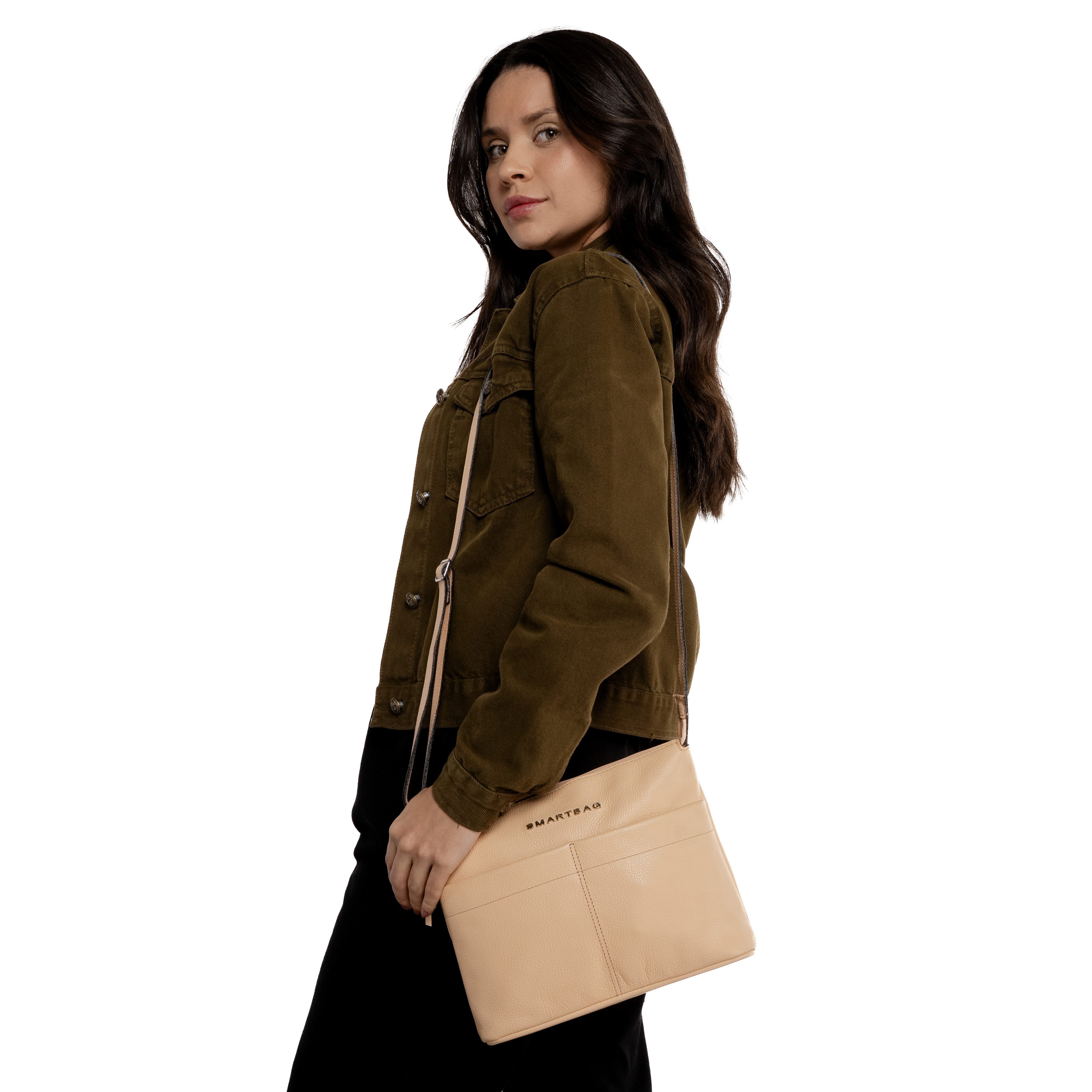 Bolsa Smartbag pêssego floater vista 3/4 com alça ajustável e logo metálico